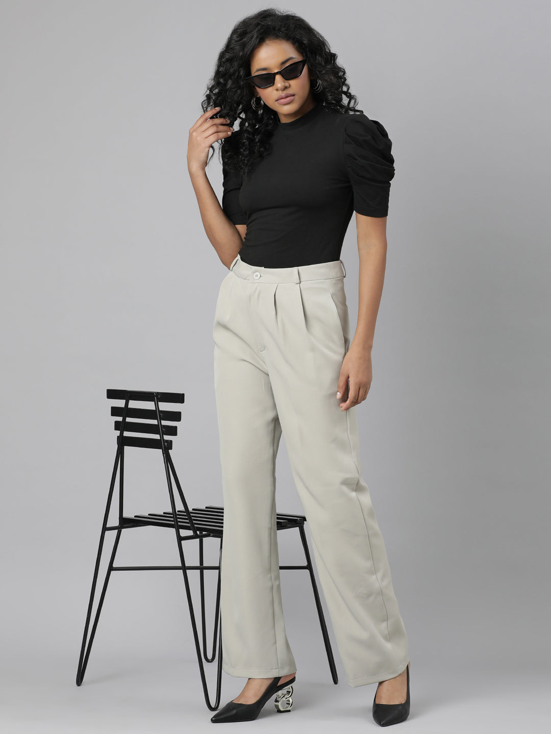 Women Beige Solid Parallel Trousers