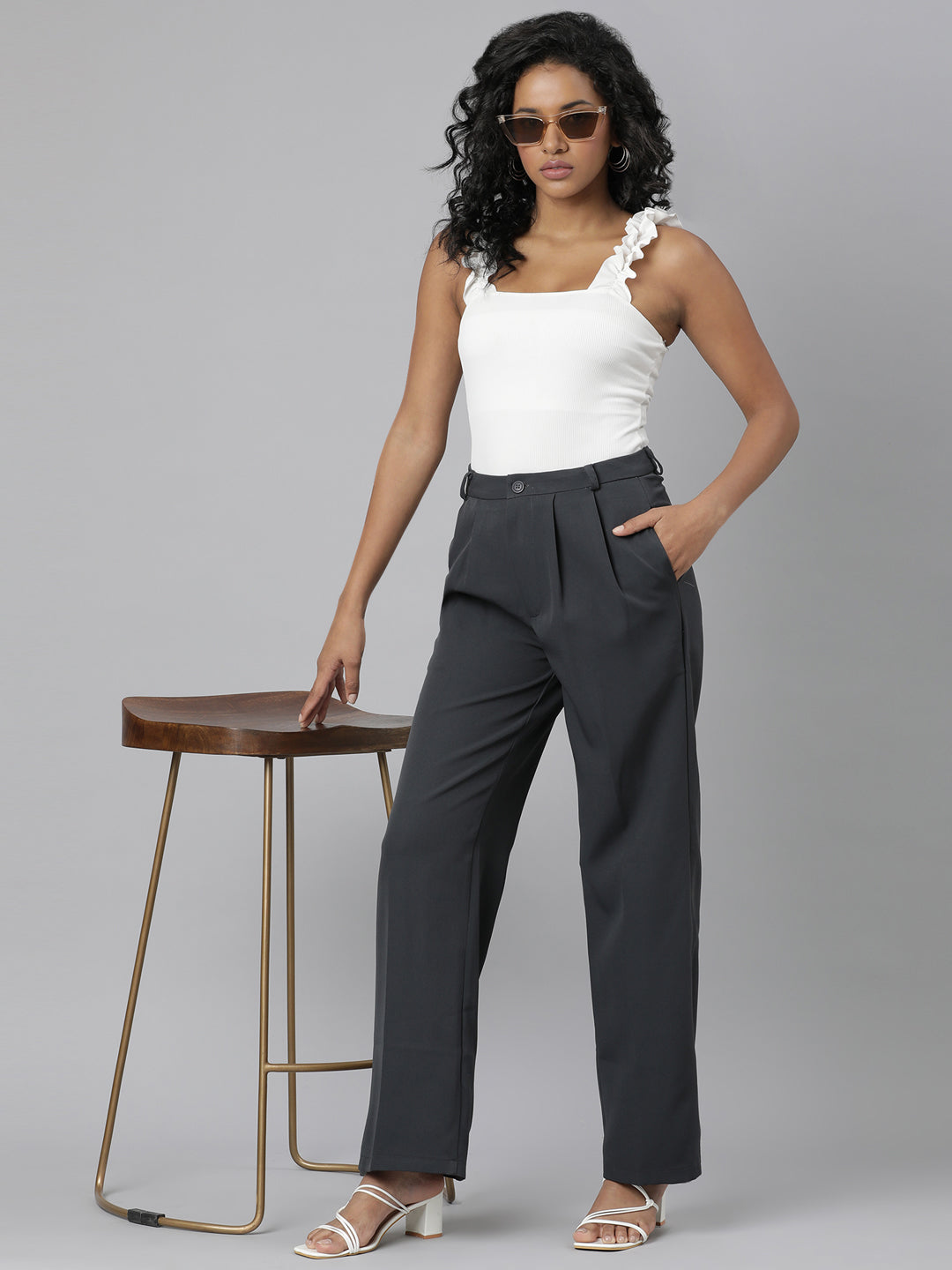 Women Charcoal Solid Parallel Trousers