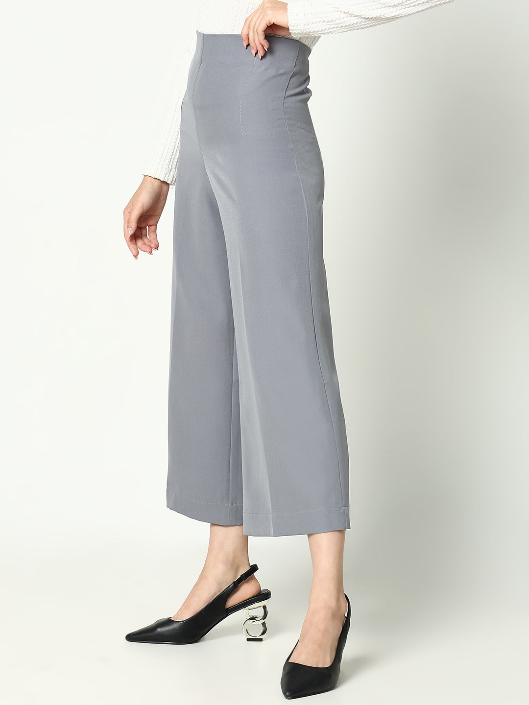 Women Grey Solid Cropped Formal Trousers