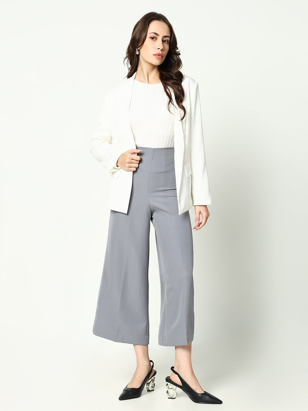 Women Grey Solid Cropped Formal Trousers