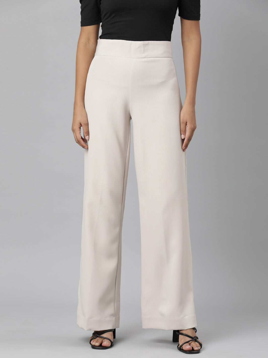 Women Beige Solid Parallel Trousers