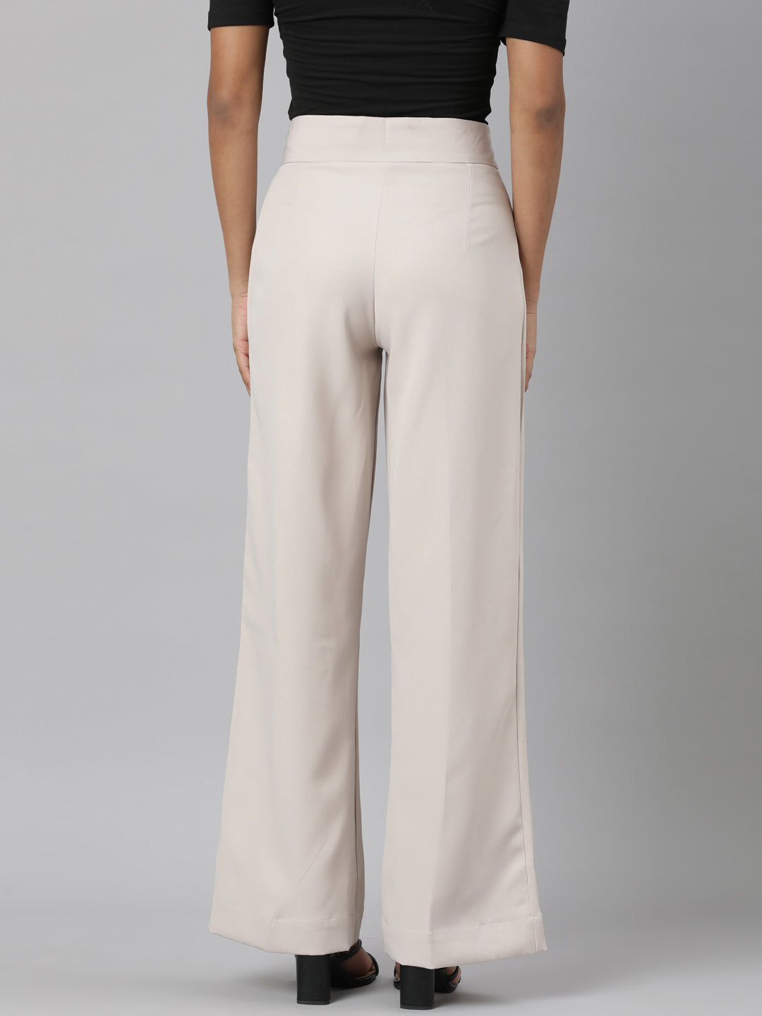 Women Beige Solid Parallel Trousers