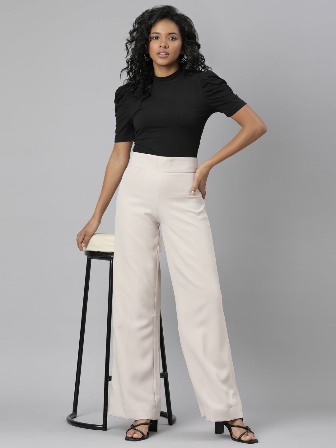 Women Beige Solid Parallel Trousers