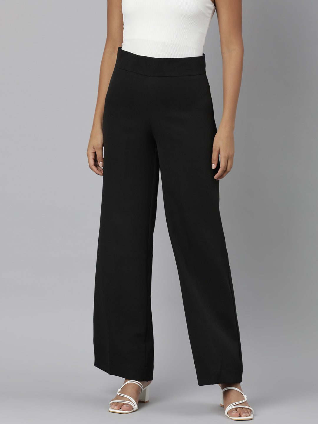 Women Black Solid Parallel Trousers