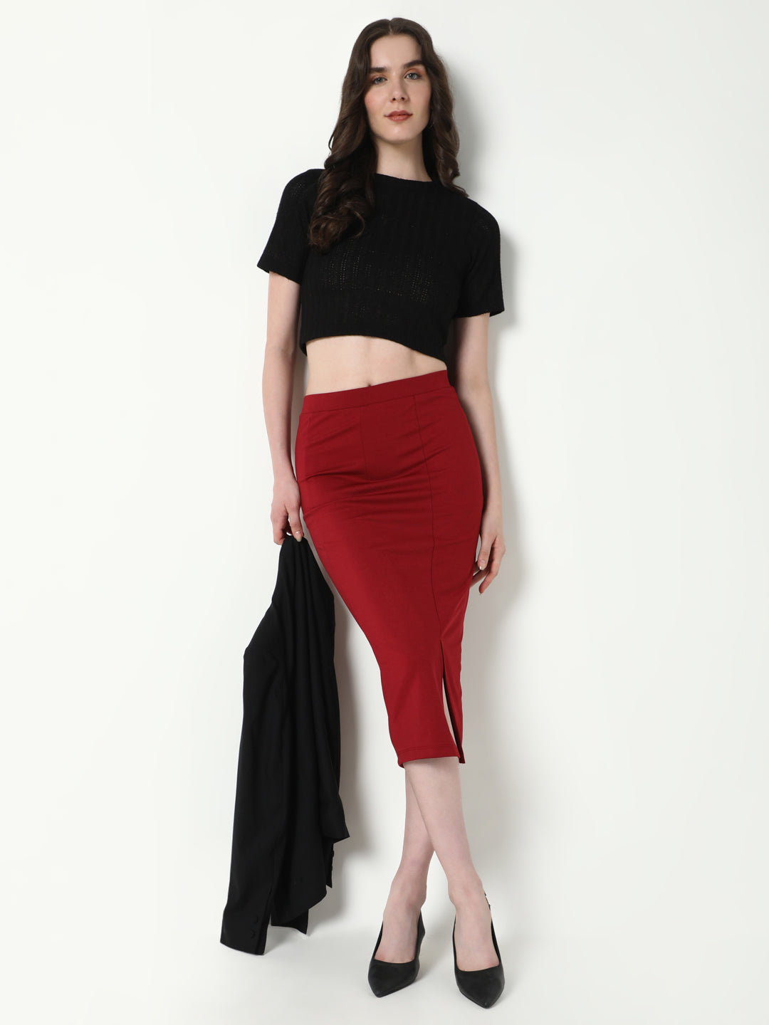 Women Red Solid Pencil Skirt