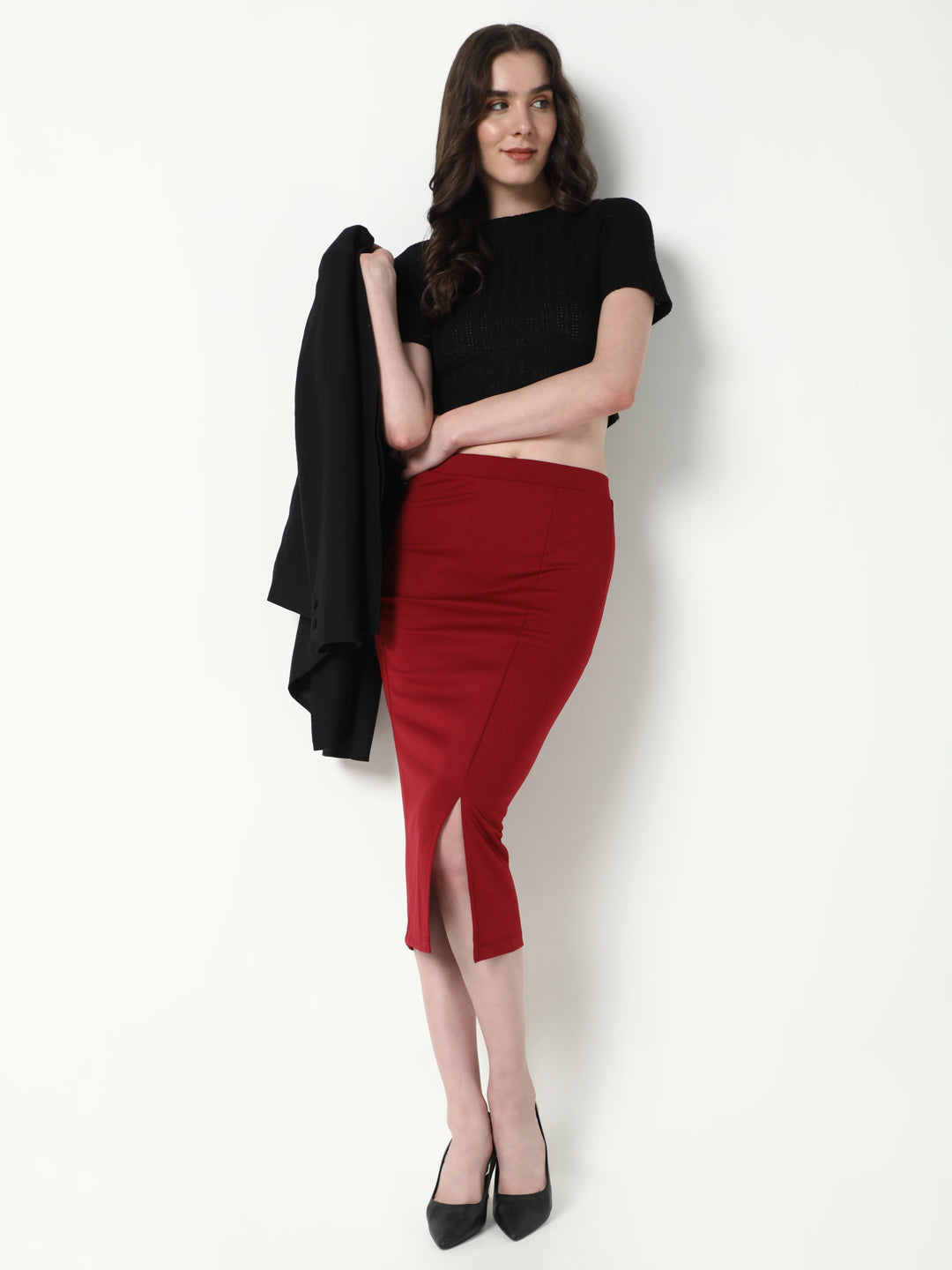 Women Red Solid Pencil Skirt