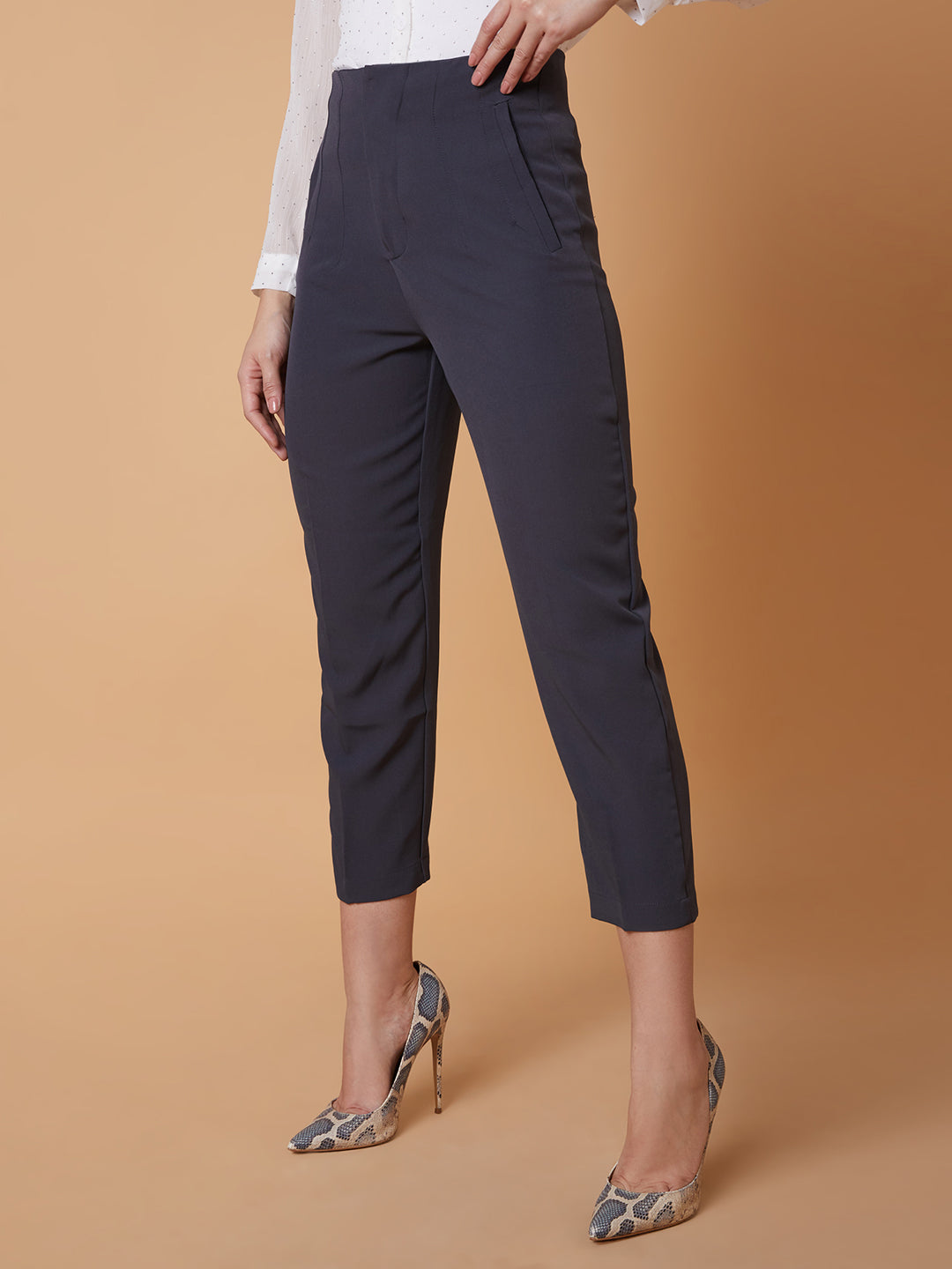 Women Pleated Solid Charcoal Formal Trousers