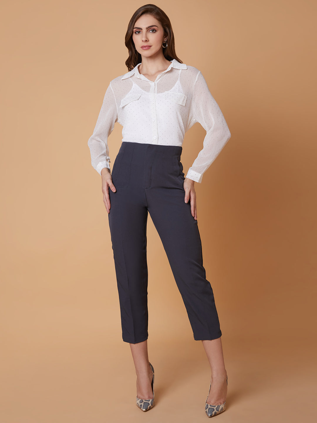 Women Pleated Solid Charcoal Formal Trousers