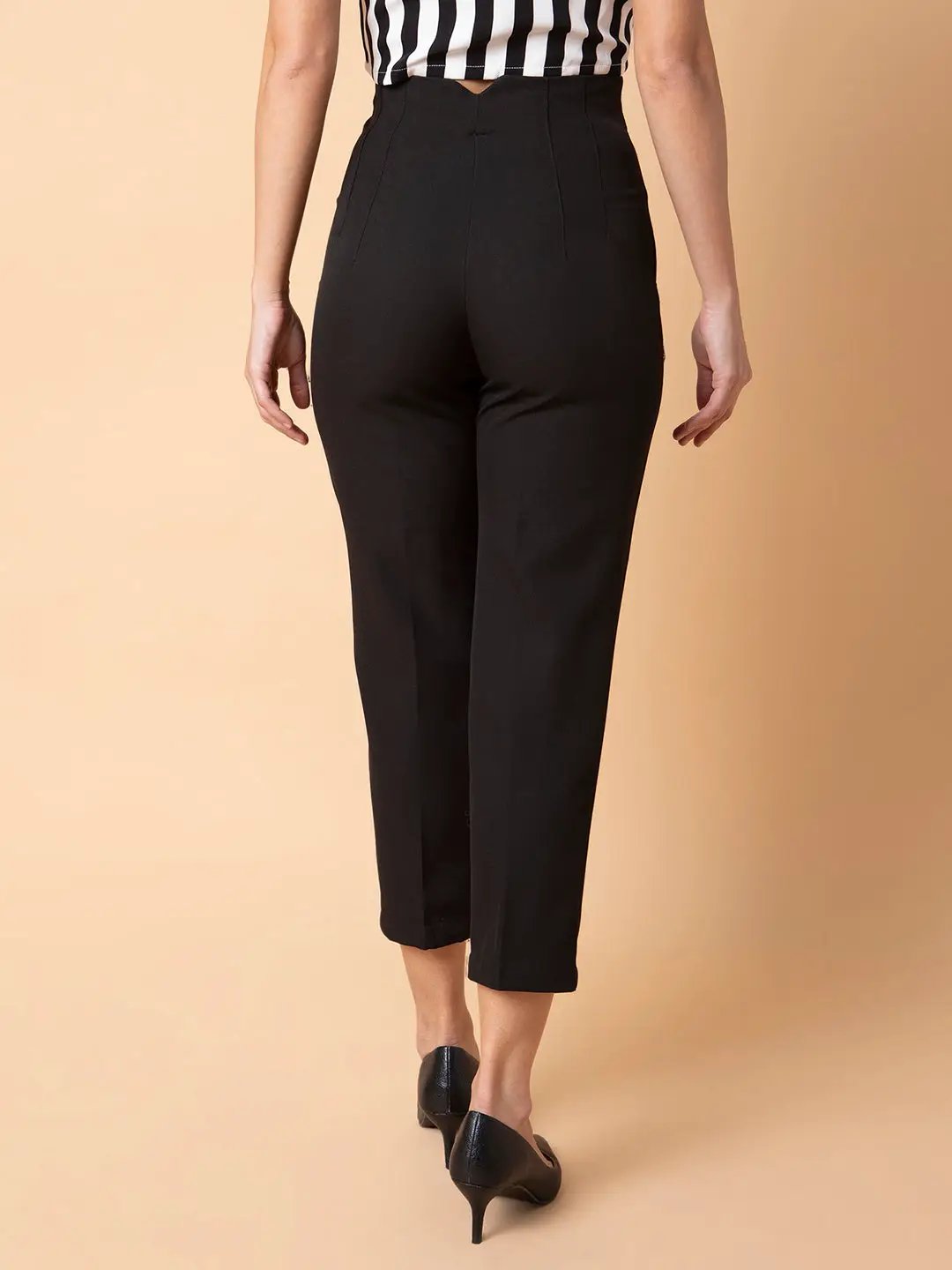 Women's Black Comfort Pleated Slim Fit Trousers