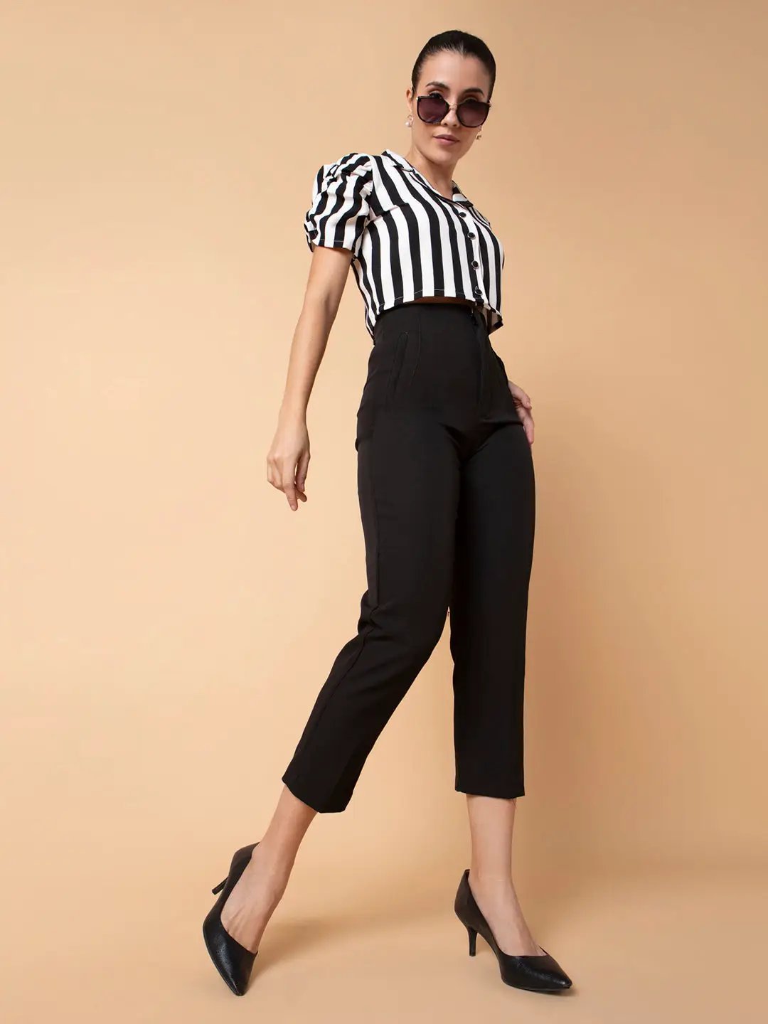 Women's Black Comfort Pleated Slim Fit Trousers