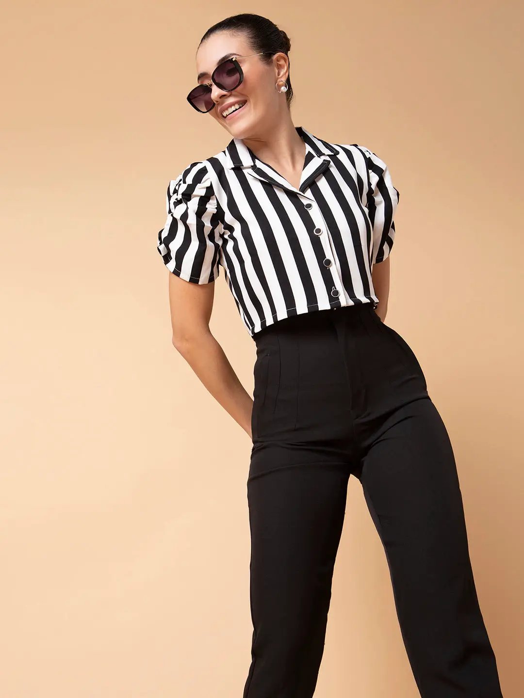 Women's Black Comfort Pleated Slim Fit Trousers