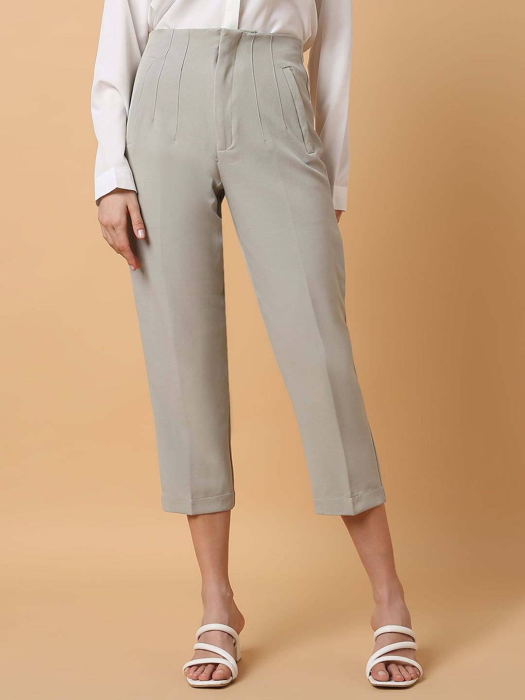 Women Solid Grey Formal Trouser