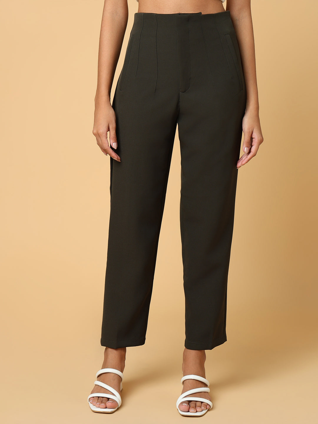 Women Solid Olive Formal Trouser