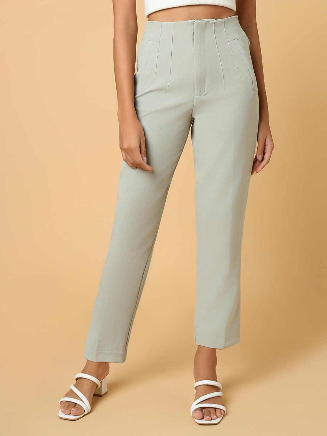 Women Solid Sea Green Formal Trouser