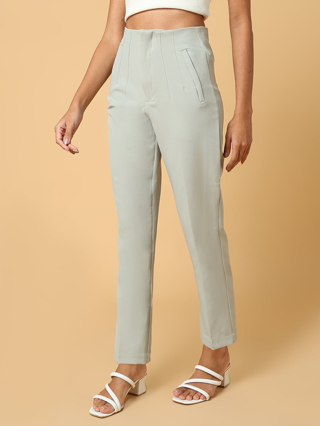 Women Solid Sea Green Formal Trouser