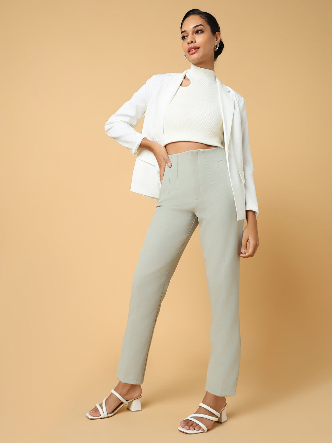 Women Solid Sea Green Formal Trouser