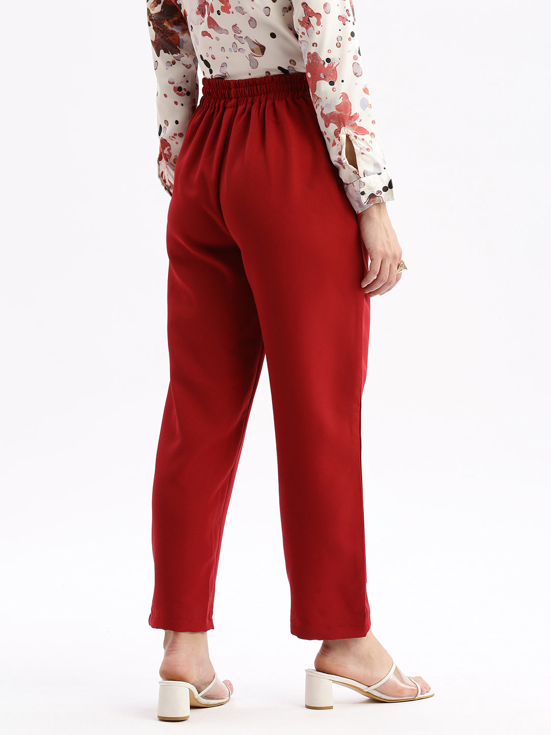 Women Flat Front Solid Maroon Formal Trousers