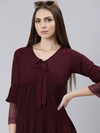 Women's Maroon Tie-Up Neck Bell Sleeves Pleated Georgette Empire Dress