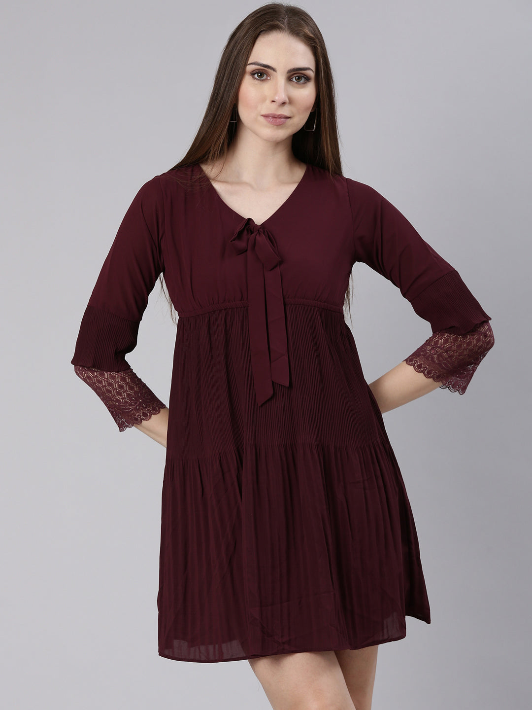 Women Maroon Solid Empire Dress