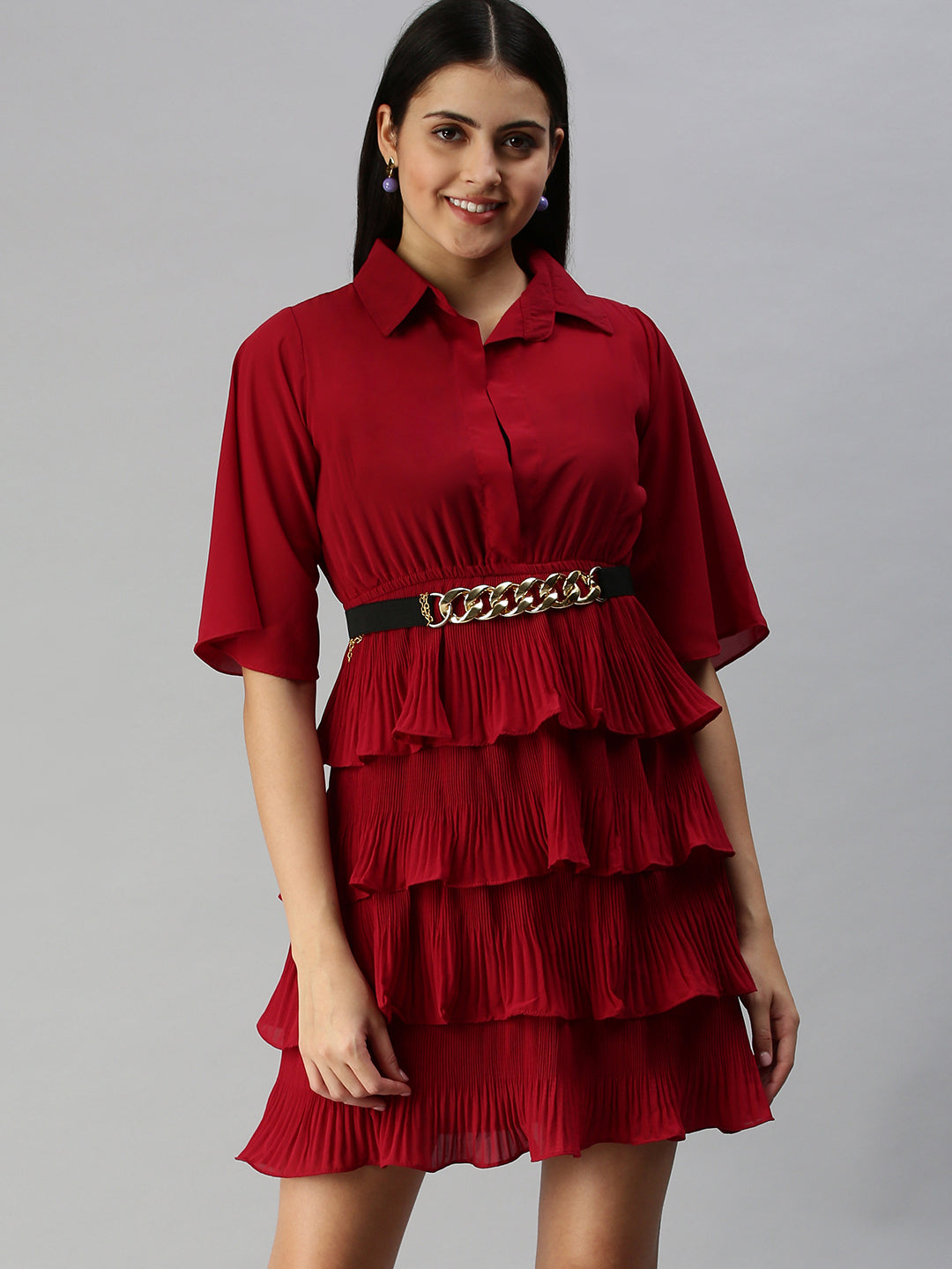 Women Solid Fit and Flare Maroon Dress