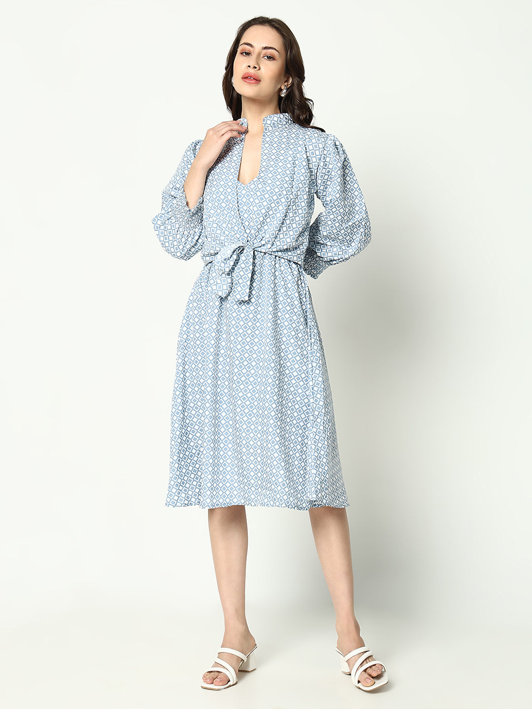 Women's Blue Printed Fit and Flare Dress