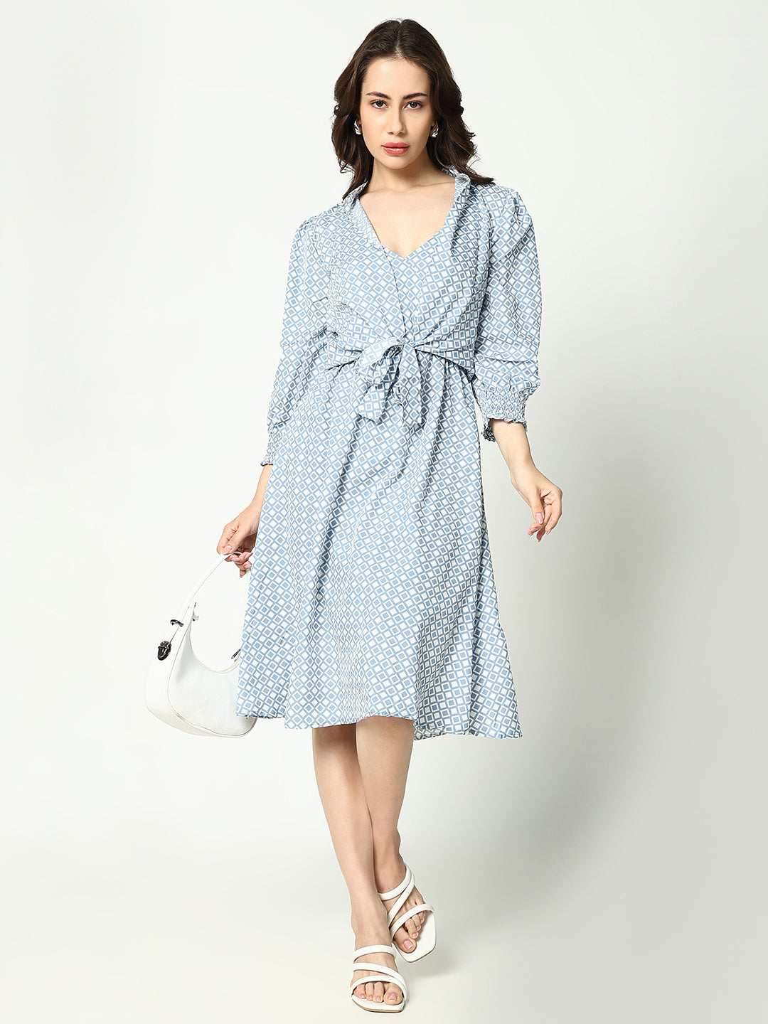 Women's Blue Printed Fit and Flare Dress