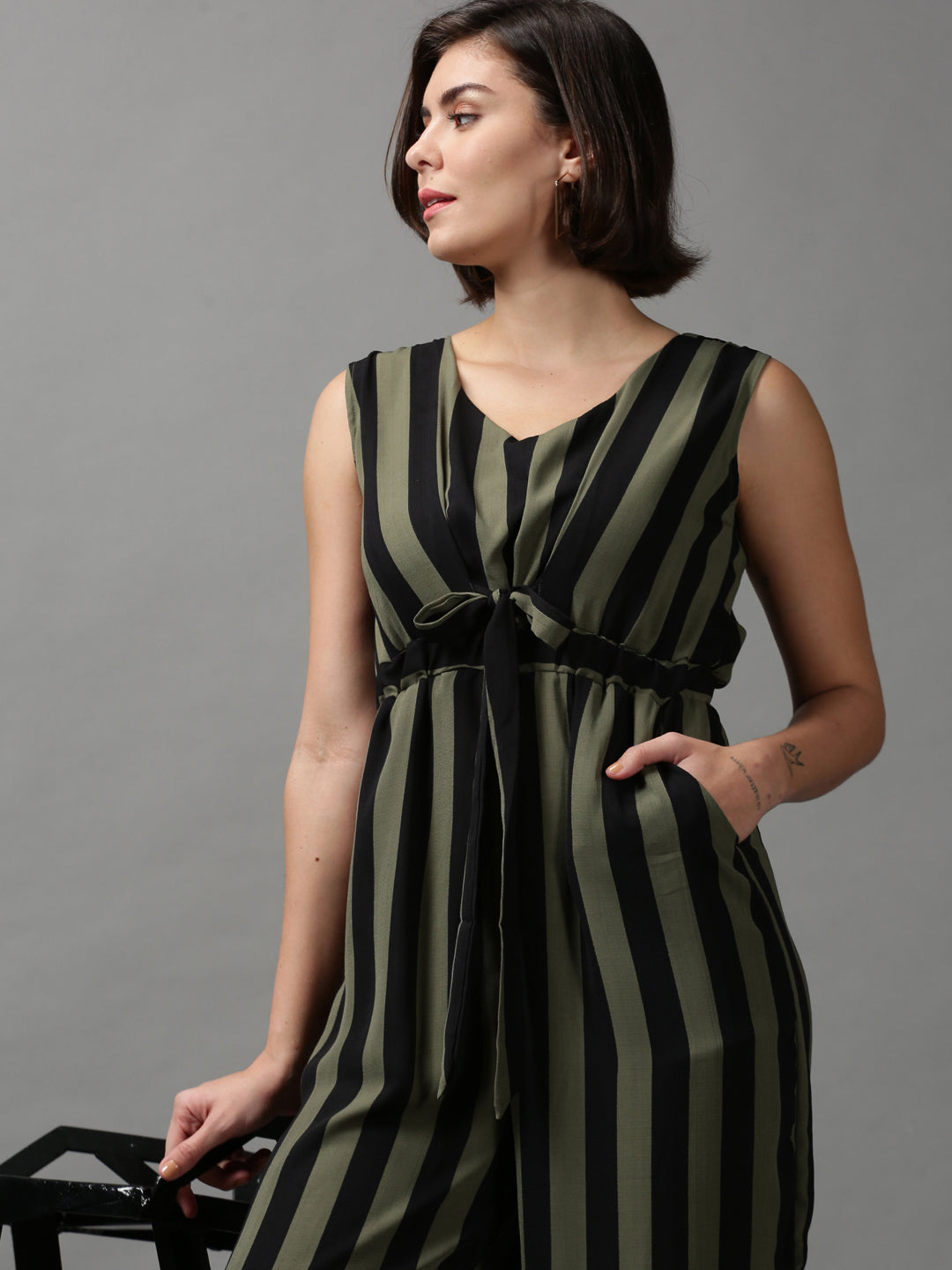 Women's Green Striped Jumpsuit