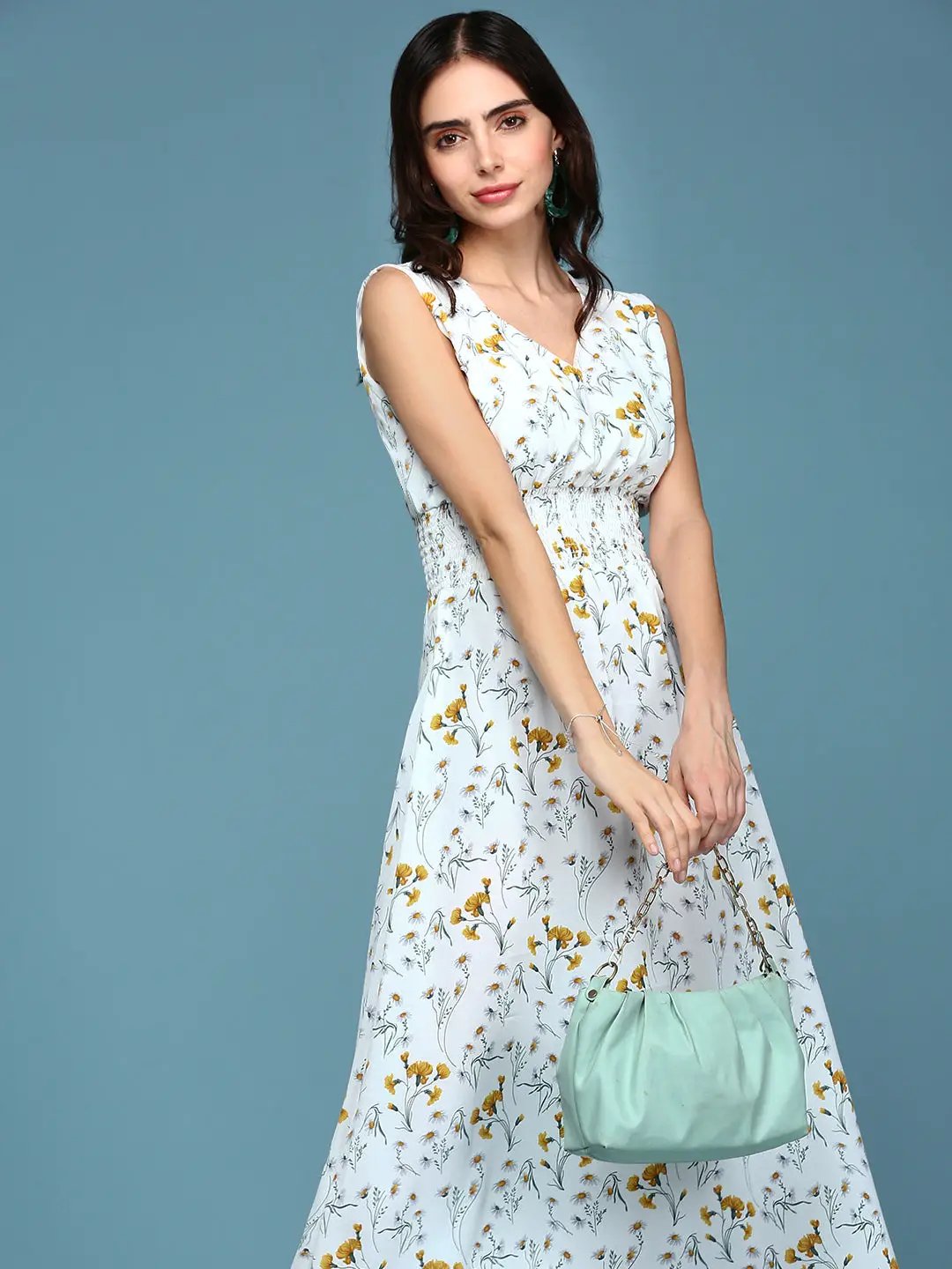 Shop Women's White Floral V-Neck Polyester A-Line Midi Dress| Showoffff Shop Women's White Floral V-Neck Polyester A-Line Midi Dress| Showoffff