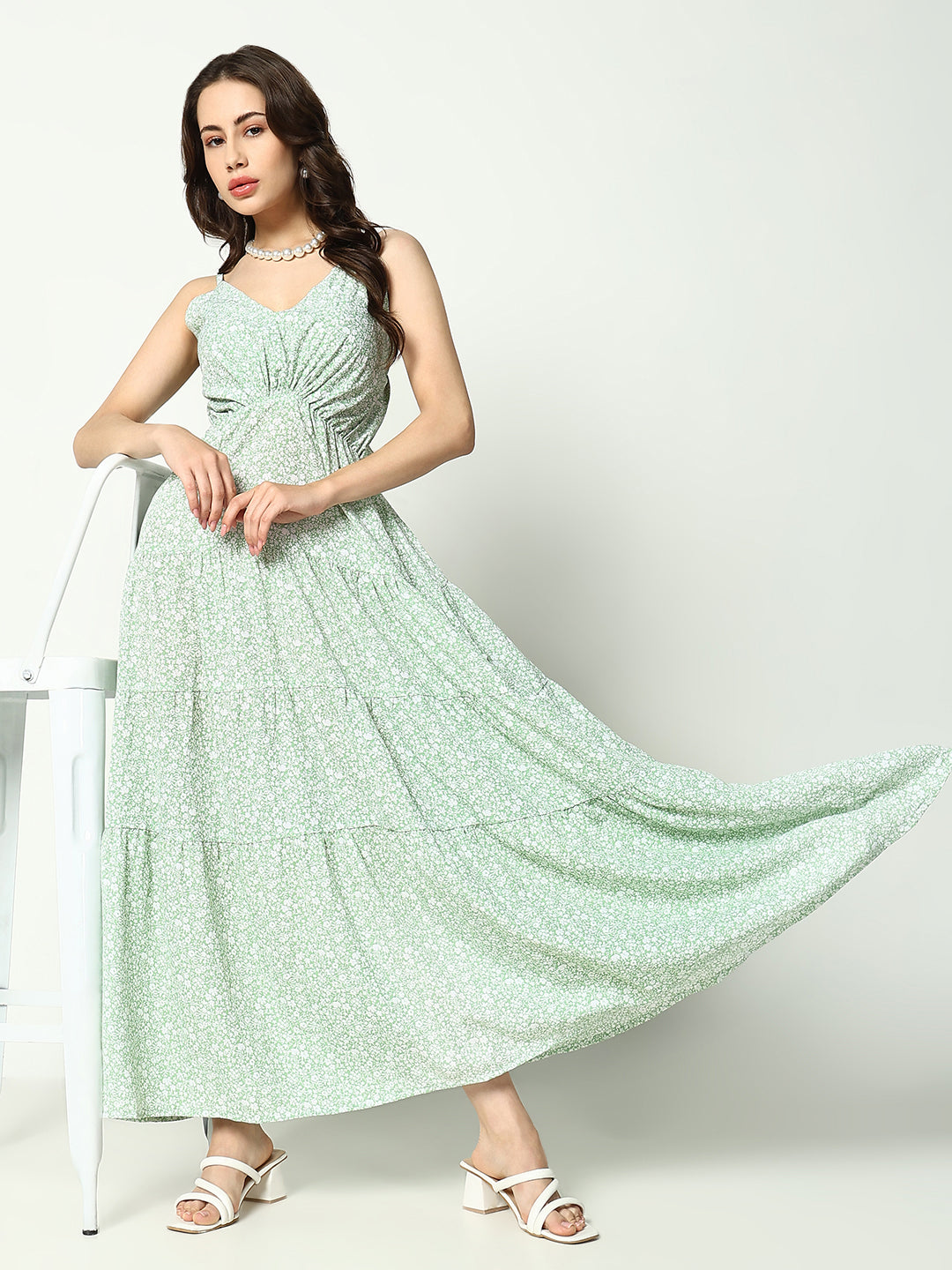 Women's Green Printed Fit and Flare Dress