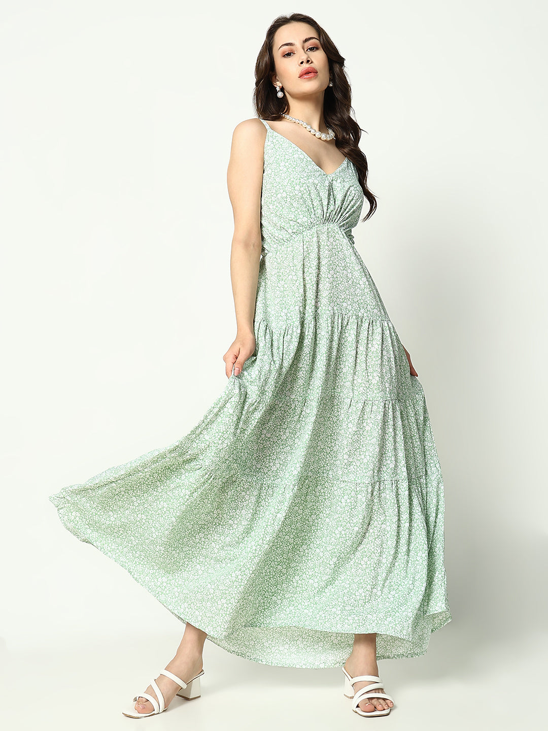 Women's Green Printed Fit and Flare Dress