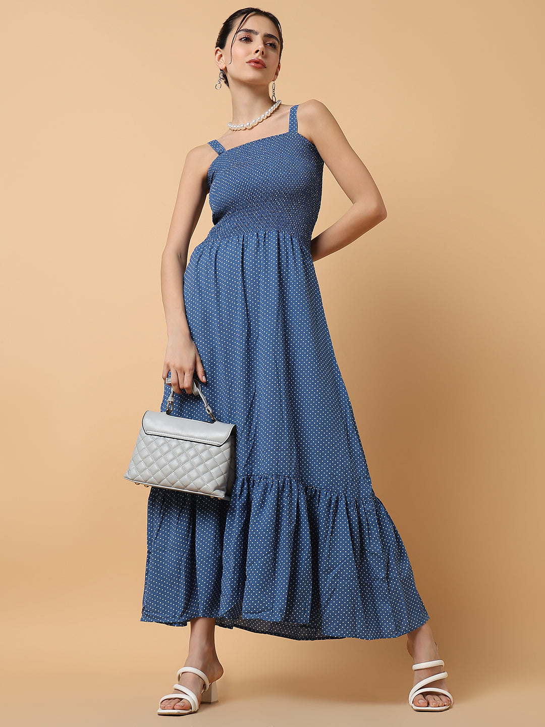 Women's Blue Polka Dots Fit and Flare Dress