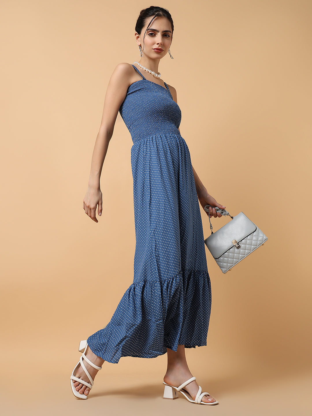 Women's Blue Polka Dots Fit and Flare Dress