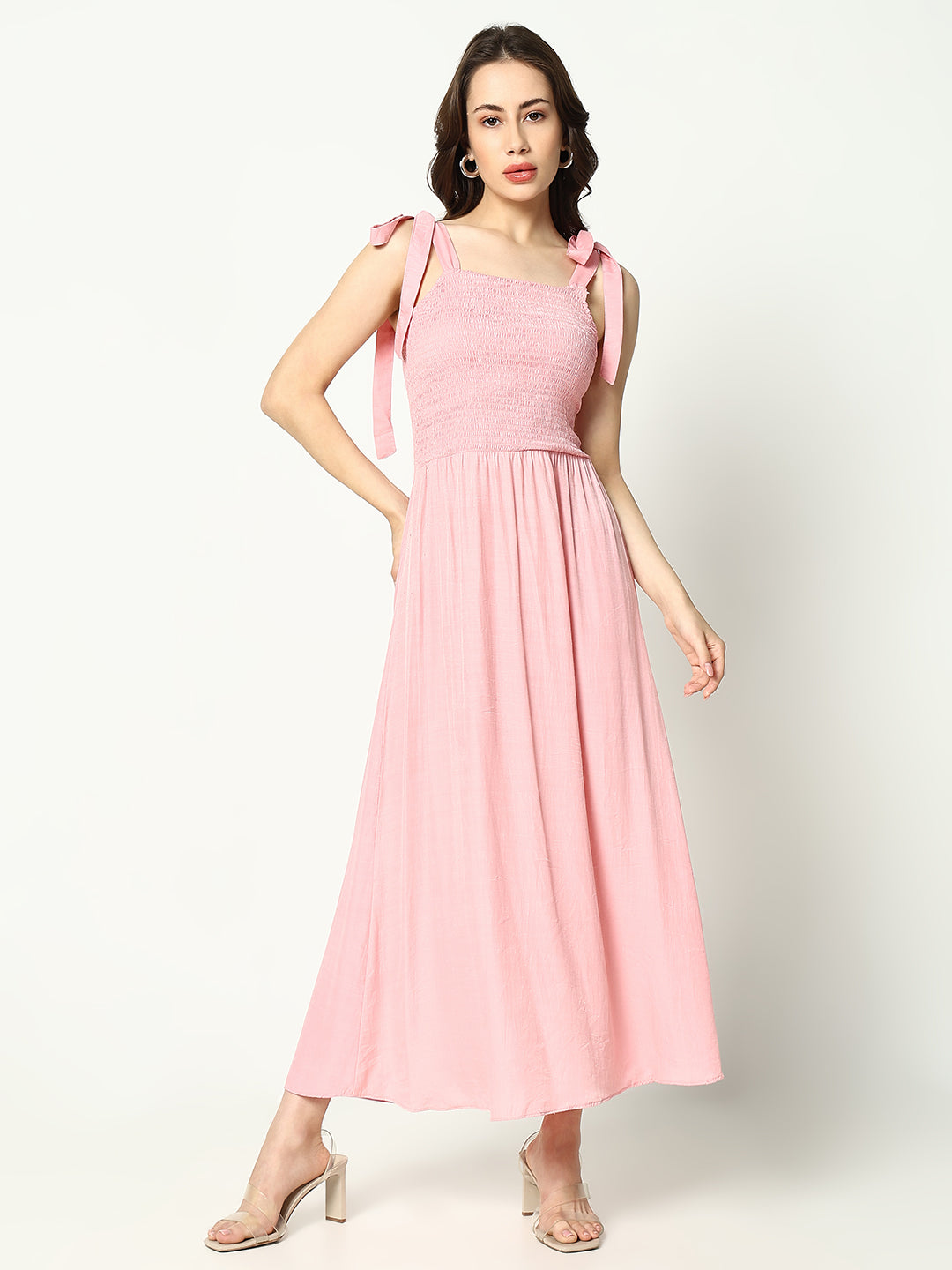 Women's Pink Solid Fit and Flare Dress