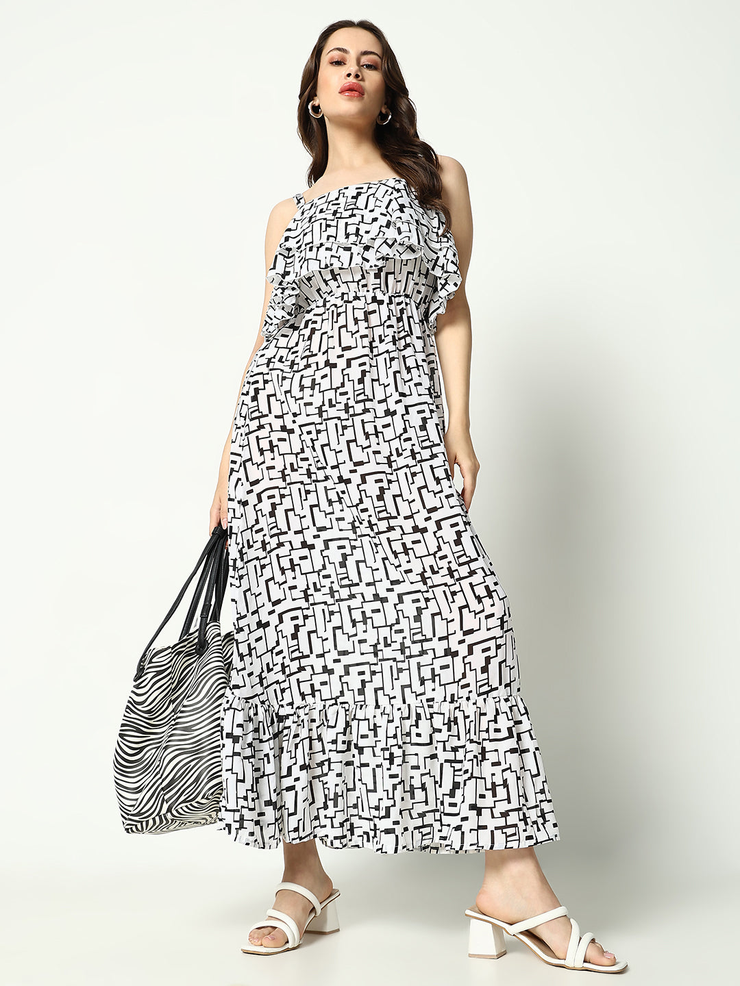 Women's Off White Off Layered Georgette A-Line Dress