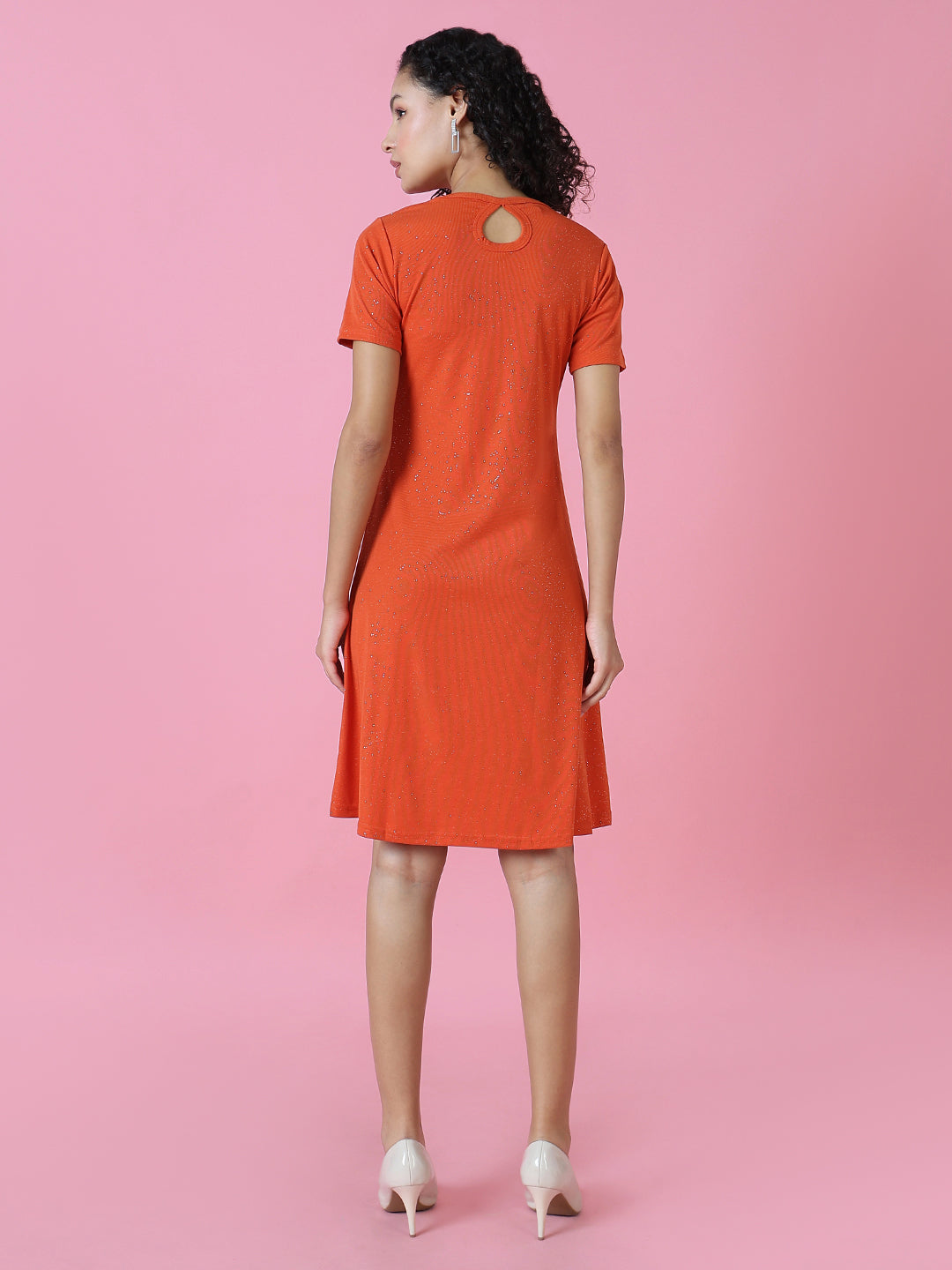 Women's Orange Embellished A-Line Dress