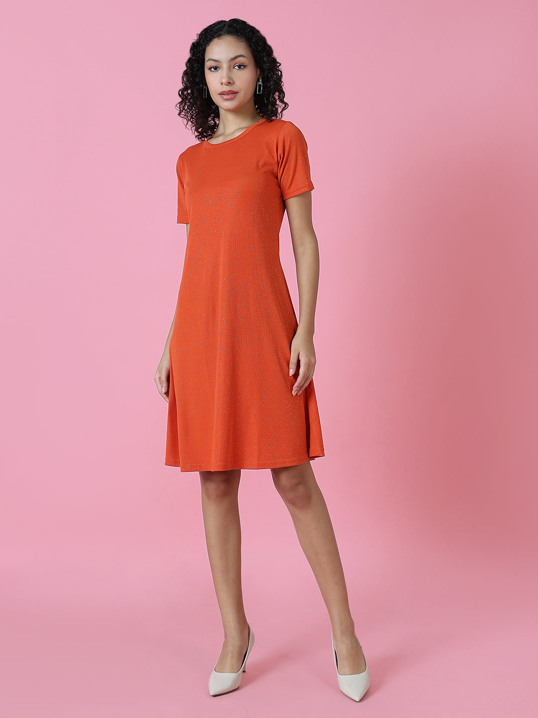 Women's Orange Embellished A-Line Dress