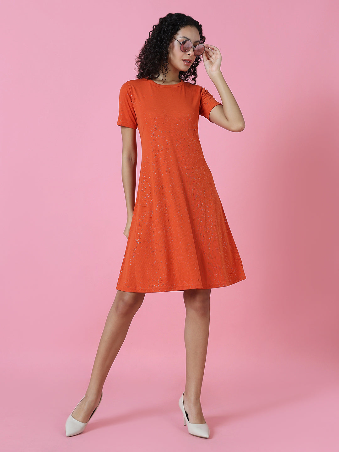 Women's Orange Embellished A-Line Dress