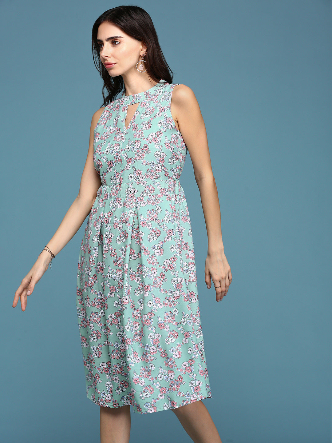 Women's Sea Green Floral A-Line Dress