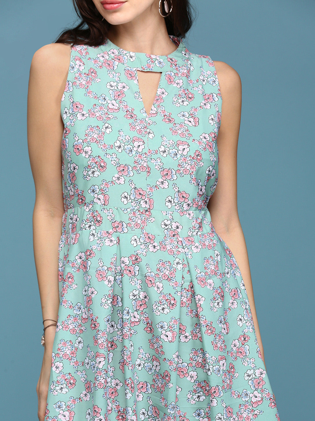 Women's Sea Green Floral A-Line Dress