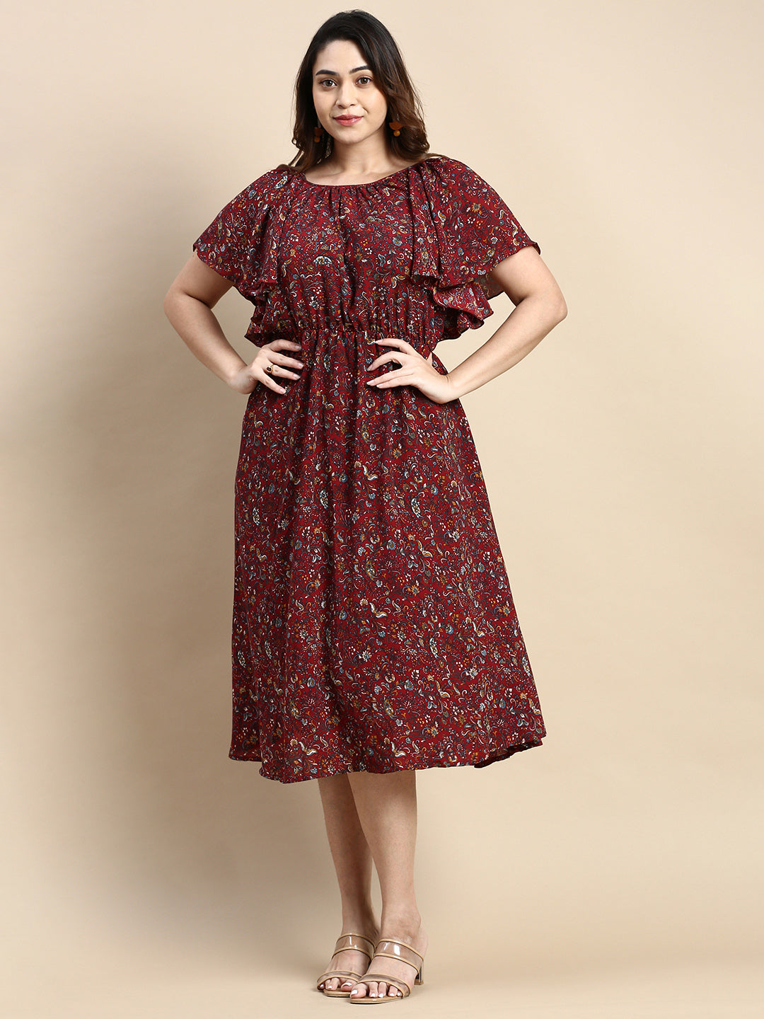 Women Flutter Maroon Bohemian Fit and Flare Dress