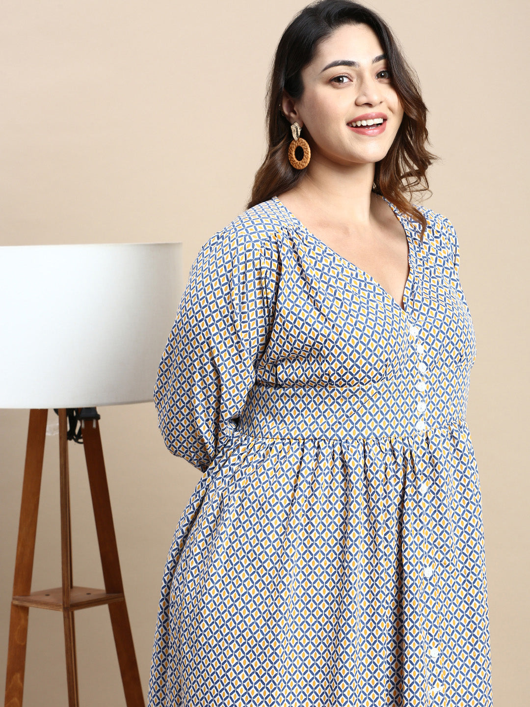 Women Puff Blue Geometric Fit and Flare Dress