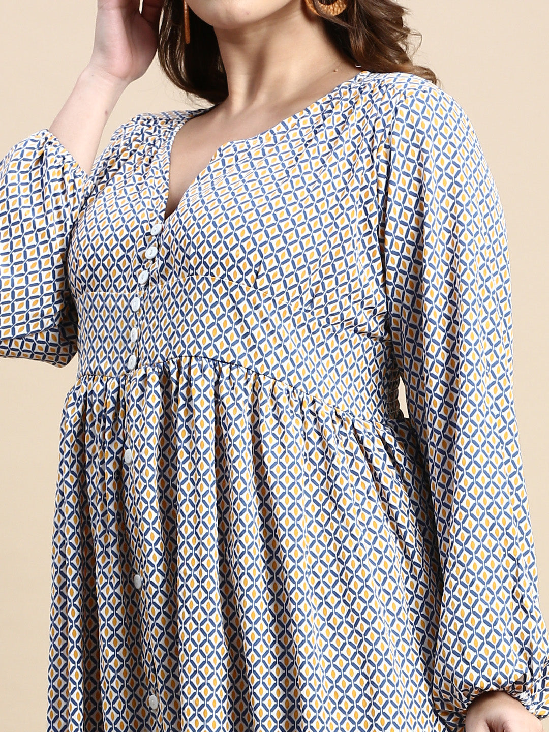 Women Puff Blue Geometric Fit and Flare Dress