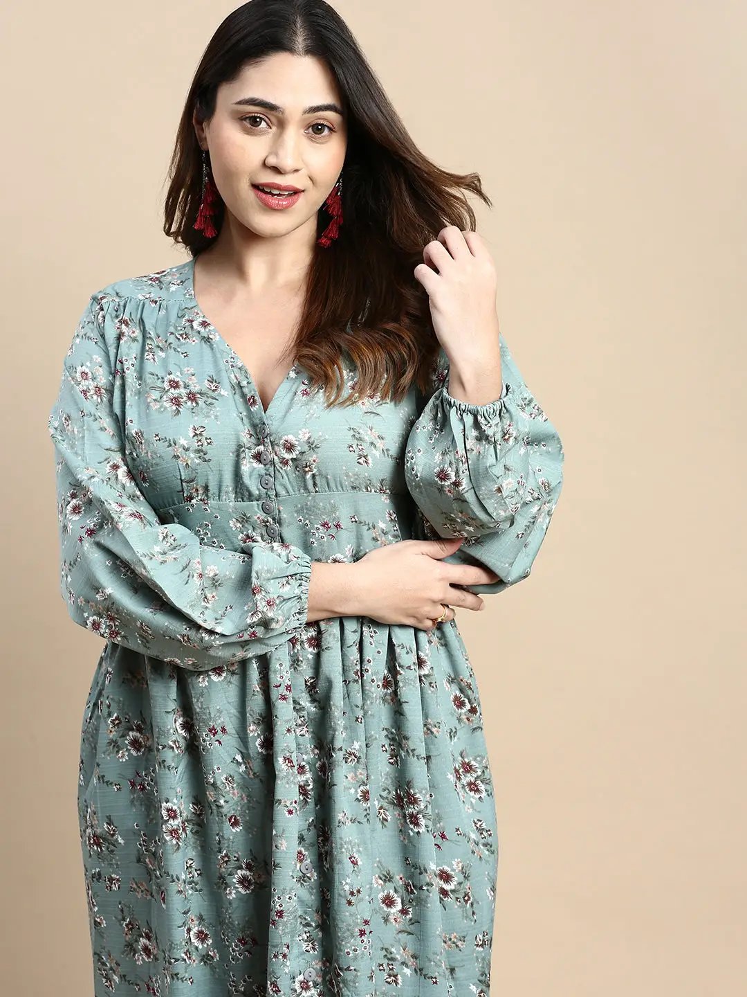 Shop Women's Puff Sea Green Floral Fit and Flare Dress| Showoffff Shop Women's Puff Sea Green Floral Fit and Flare Dress| Showoffff