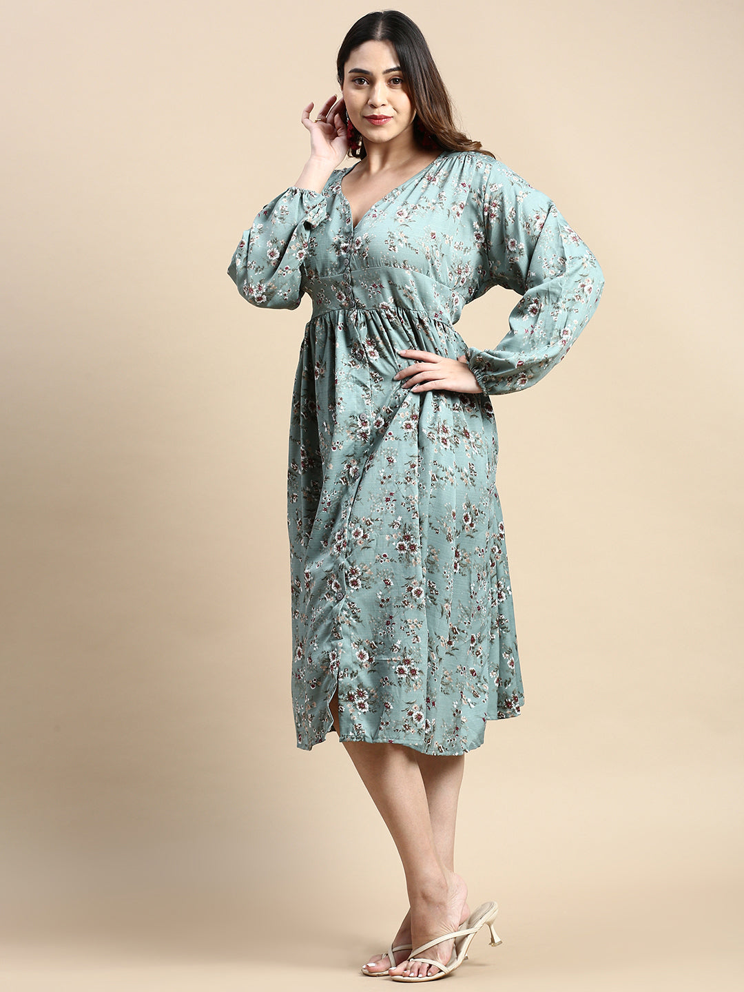 Women Puff SeaGreen Floral Fit and Flare Dress