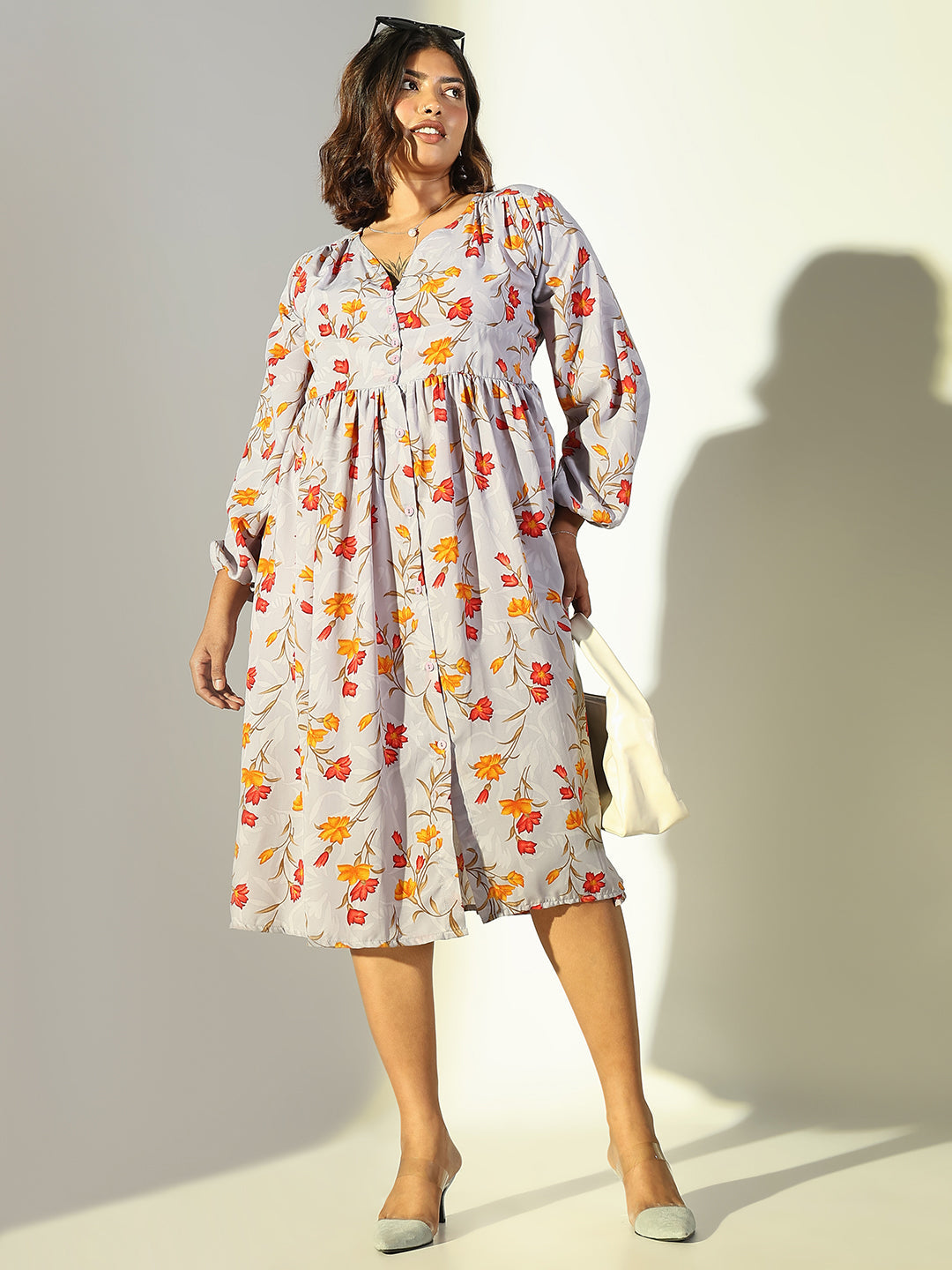 Women Grey Floral Fit and Flare Dress