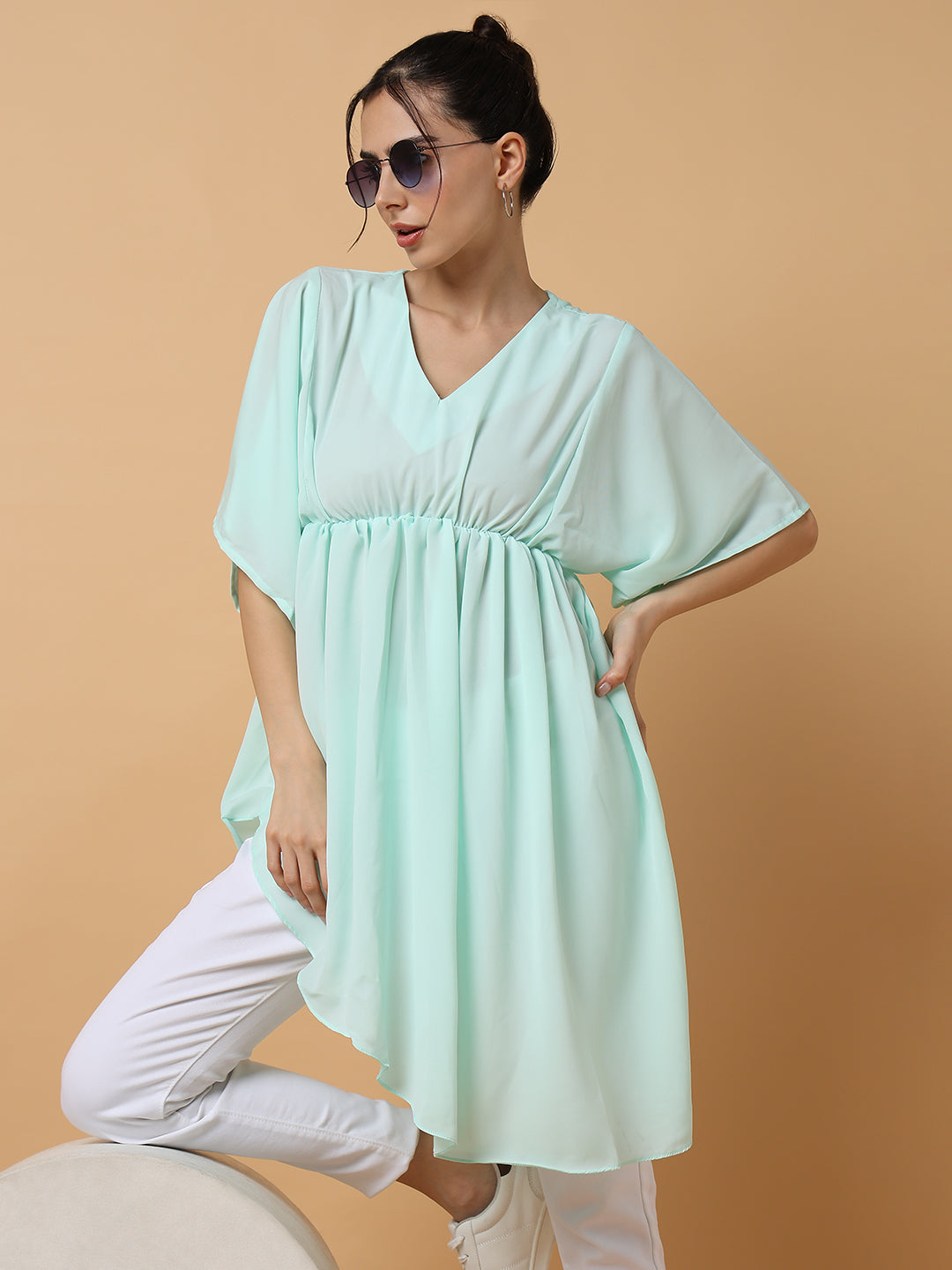 Women's Sea Green Solid Fit and Flare Top