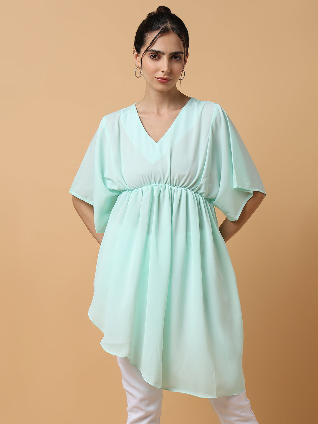 Women's Sea Green Solid Fit and Flare Top