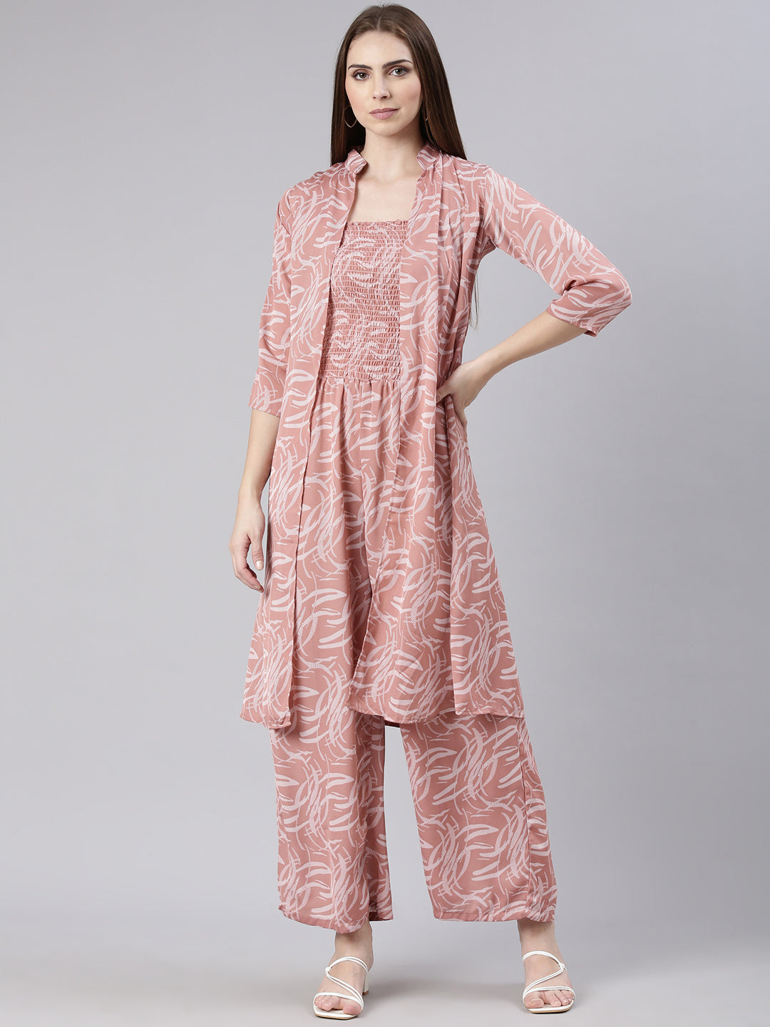 Women's Mauve Printed Smocked Basic Jumpsuit With Shrug