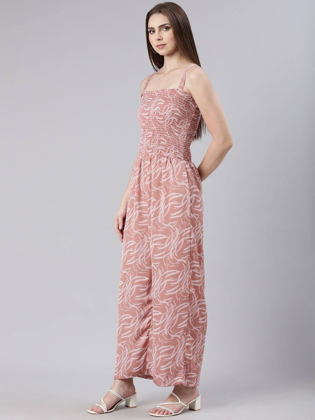 Women's Mauve Printed Smocked Basic Jumpsuit With Shrug