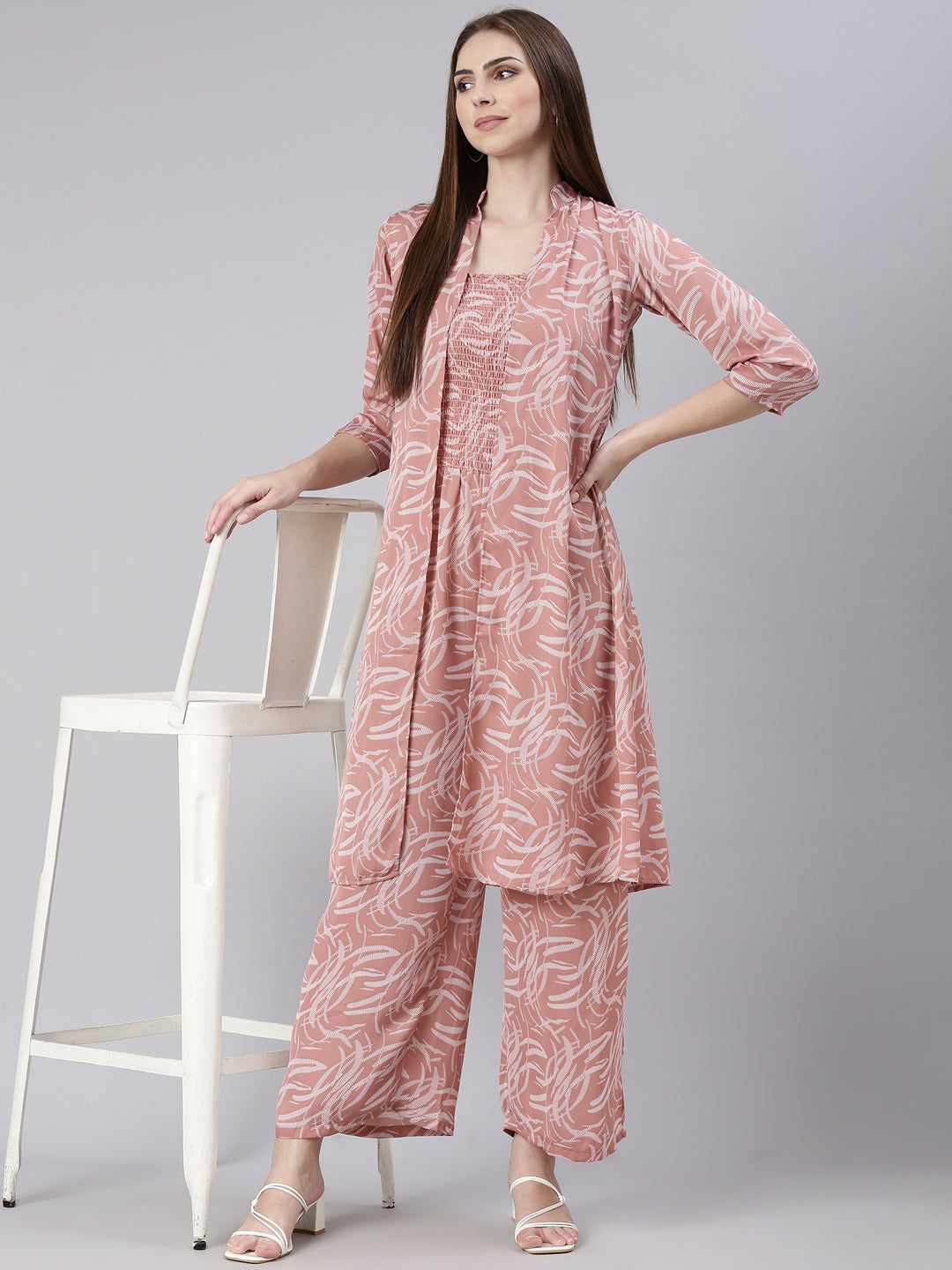 Women's Mauve Printed Smocked Basic Jumpsuit With Shrug